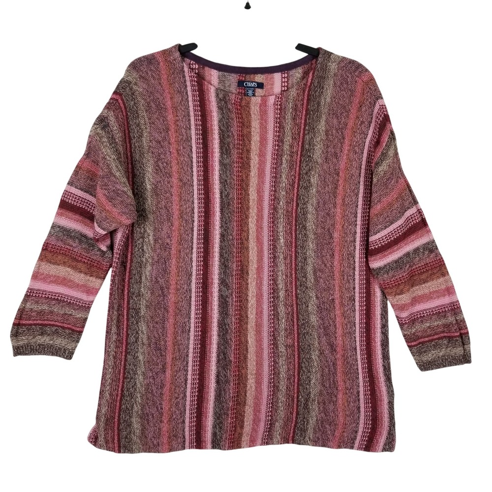 Chaps Sweater Womens 2X Pink Purple Vertical Stripe Cotton Linen Knit Pullover
